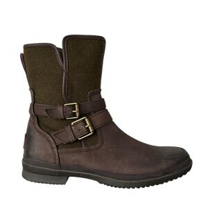 UGG Women's Simmens Winter Boots Brown Leather & Olive Green Textile Size 8